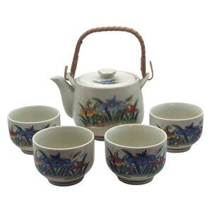 Vintage Japanese Kutani Porcelain Tea Set Bamboo Handle Teapot & 4 Cups Floral